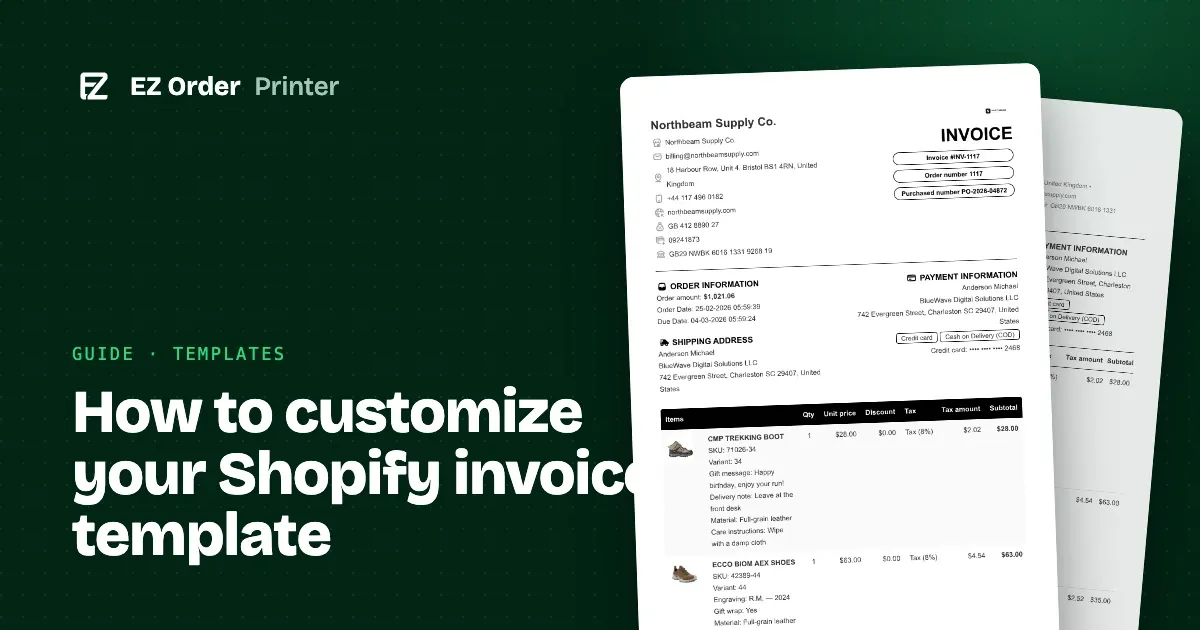Two branded Shopify invoice templates generated by EZ Order Printer