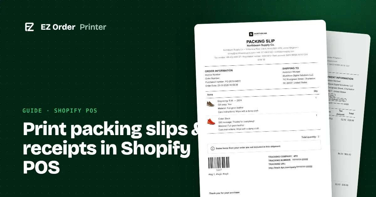 A packing slip and a refund note printed from Shopify POS